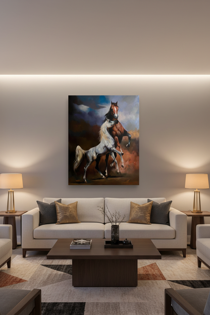 Two Arabian horses in storm canvas displayed as centerpiece above sofa in elegant modern living room