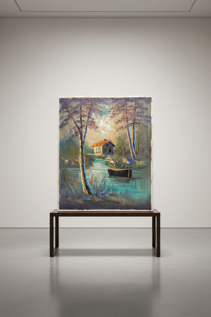 Lakeside cabin twilight oil painting displayed on a luxury wooden gallery easel stand