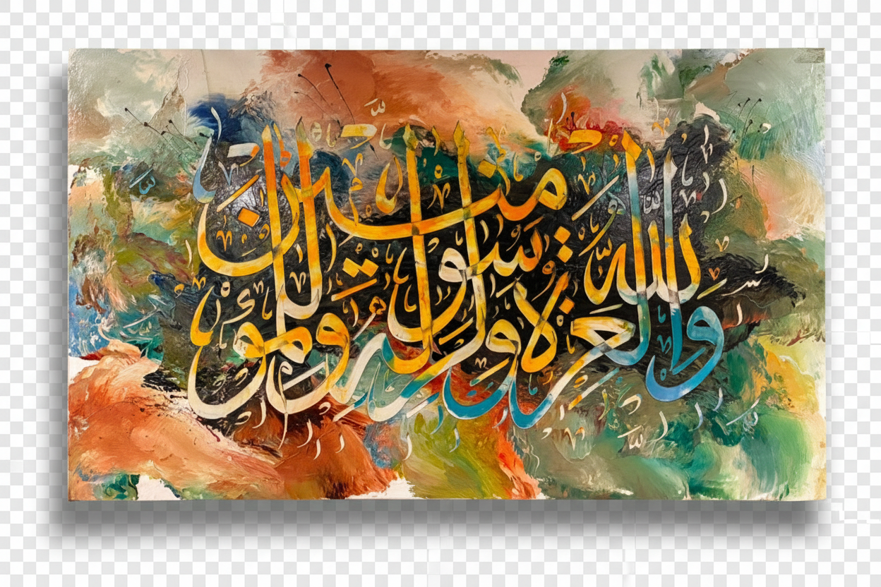 Wallahu Wa Rasuluhu abstract calligraphy canvas isolated with drop shadow, no background