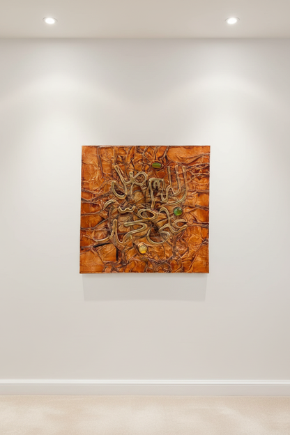 Islamic calligraphy burnt orange copper wall art displayed on empty white wall