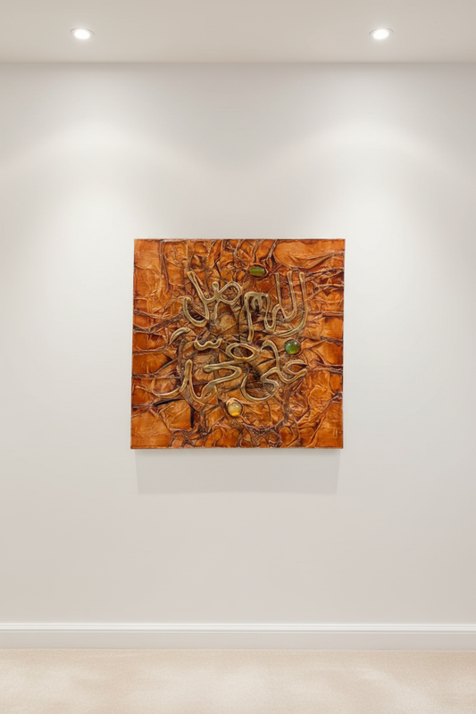Islamic calligraphy burnt orange copper wall art displayed on empty white wall