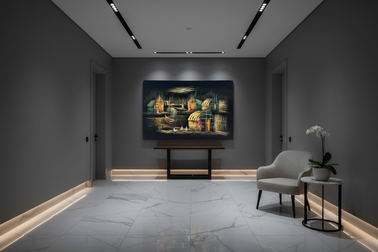 Iraqi marsh village canvas art in elegant hallway — lifestyle interior mockup