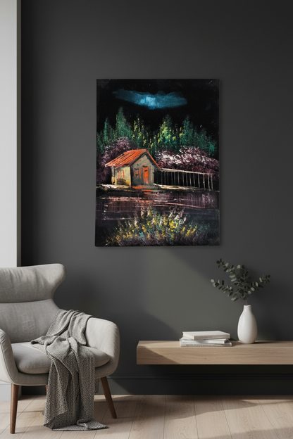 Moonlit forest cabin lake canvas art hung on dark charcoal accent wall in modern minimalist bedroom lifestyle photo