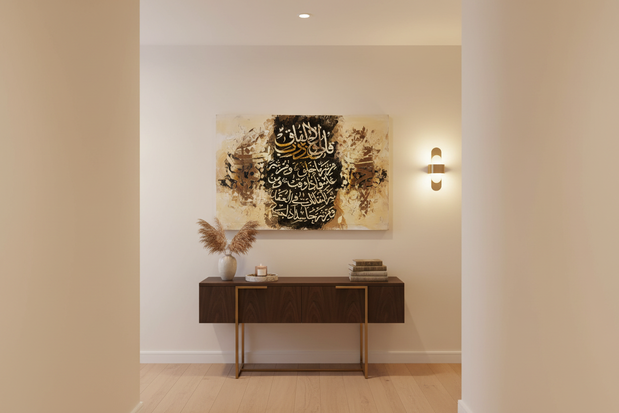 Surah Al-Falaq ivory gold impasto calligraphy canvas displayed in a modern hallway, no frame
