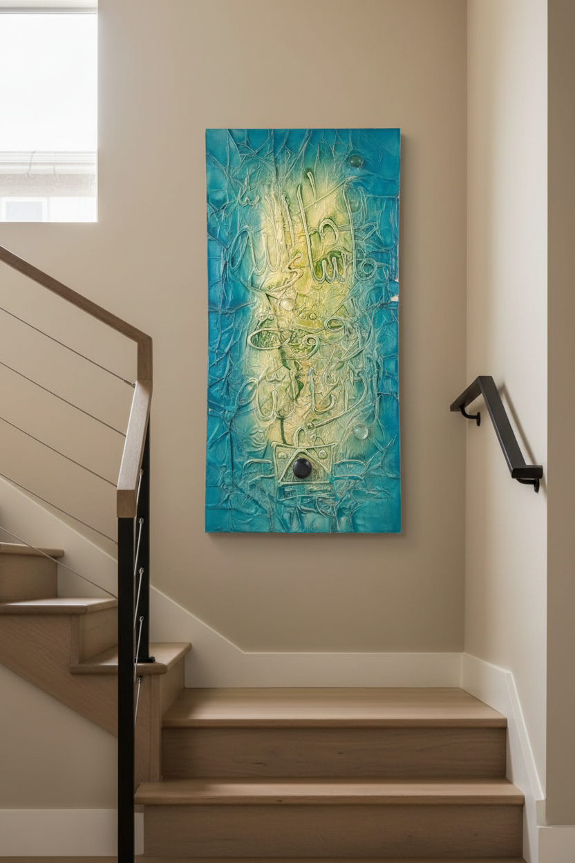 Islamic calligraphy teal aqua canvas on staircase wall