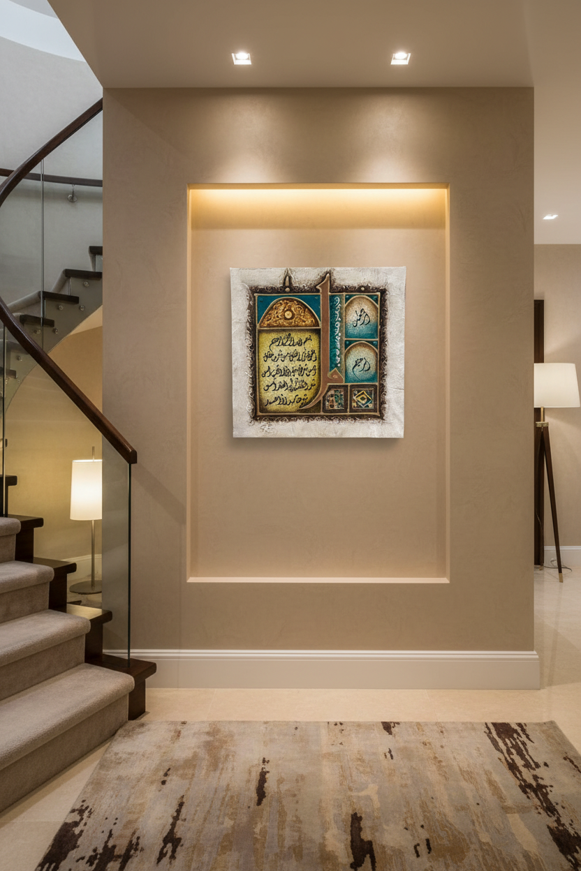 Al-Rahman Al-Raheem Islamic calligraphy canvas on staircase wall – 35cm x 35cm square
