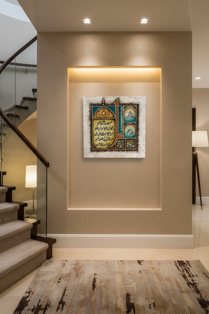 Al-Rahman Al-Raheem Islamic calligraphy canvas on staircase wall – 35cm x 35cm square