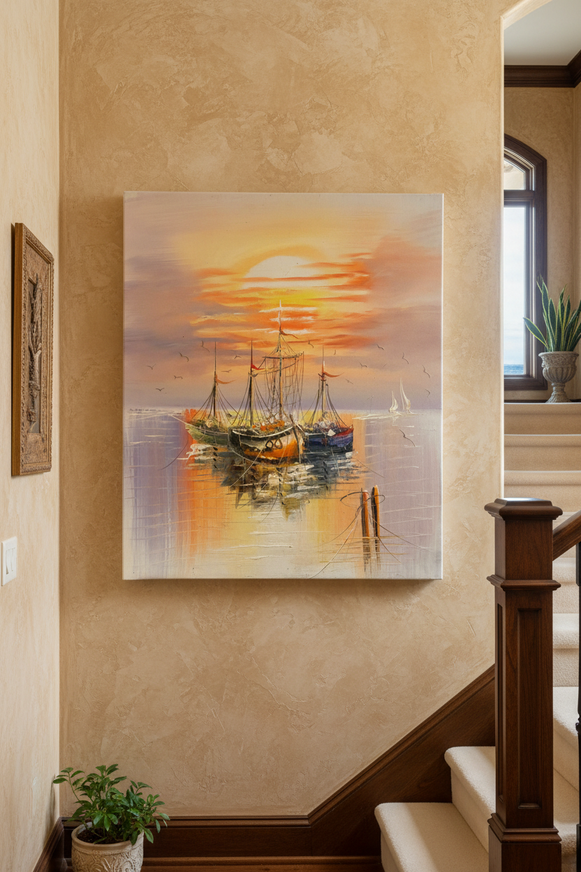 Sailing boats sunset oil painting hung on luxury home staircase wall, no frame, coastal lifestyle interior display