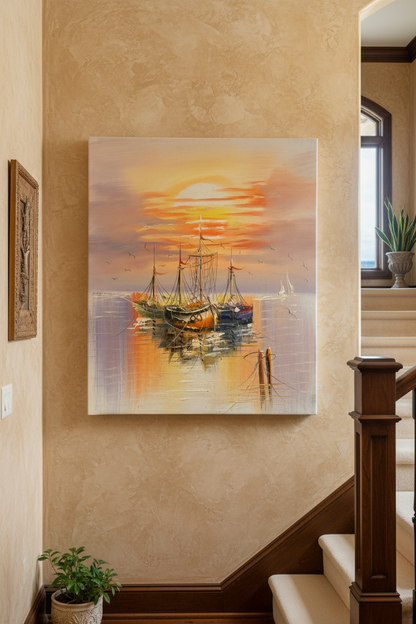 Sailing boats sunset oil painting hung on luxury home staircase wall, no frame, coastal lifestyle interior display