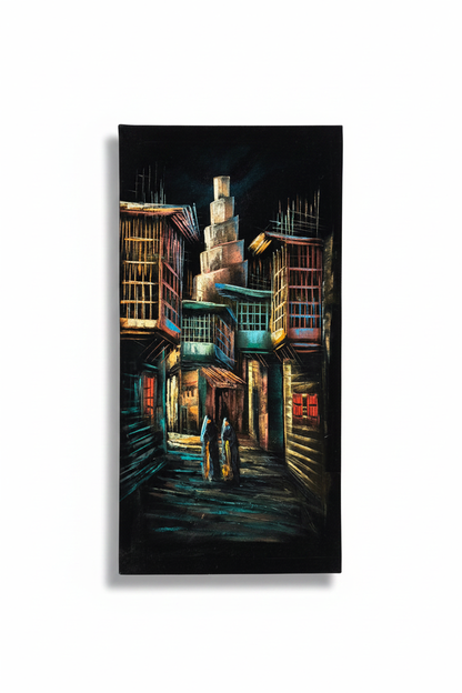 Original oil painting on white background with shadow – spiral minaret alley dusk Middle Eastern scene