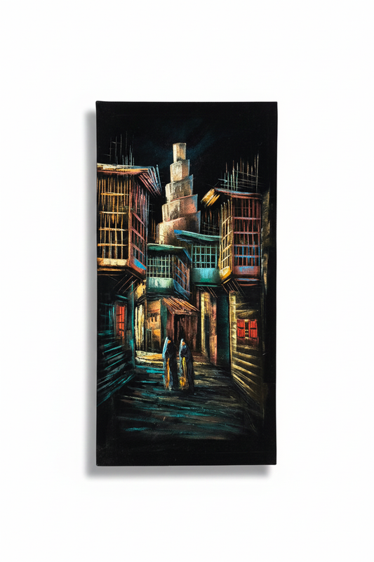 Original oil painting on white background with shadow – spiral minaret alley dusk Middle Eastern scene
