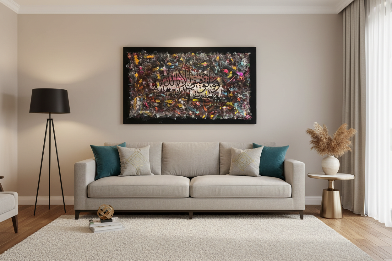 Islamic calligraphy abstract canvas wall art displayed in modern living room above sofa