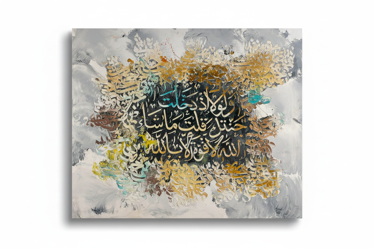 Arabic calligraphy canvas art on white background with shadow, no frame – product shot