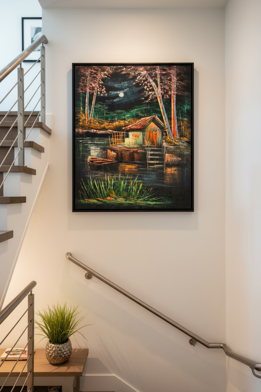 Moonlit lakeside boathouse night scene canvas art staged on a modern home stairway wall