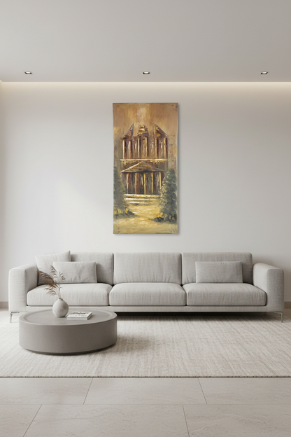 Ruins in Golden Light oil painting on empty living room wall, no frame