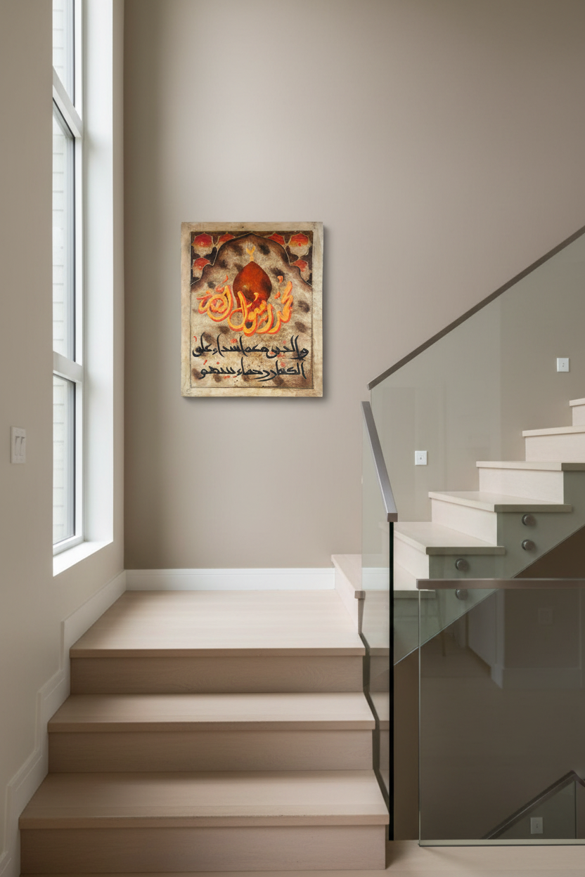 Muhammad Rasul Allah Islamic calligraphy canvas art hung on staircase wall in modern home