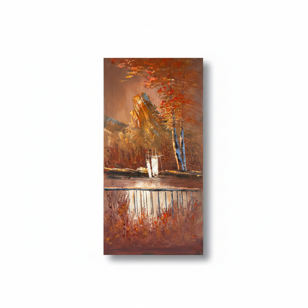Autumn Reflections at the Waterway oil painting isolated on white background with shadow