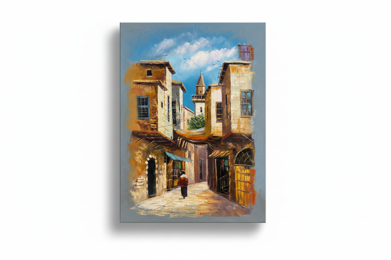 Yafa oil painting isolated on white background with soft drop shadow, no frame – by Sharif Hamdan