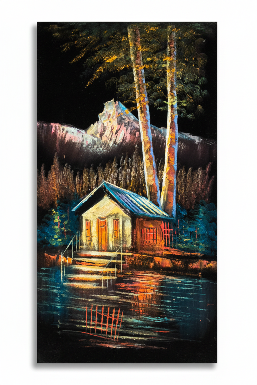 Mountain Boathouse by Night original oil painting on white background with natural shadow
