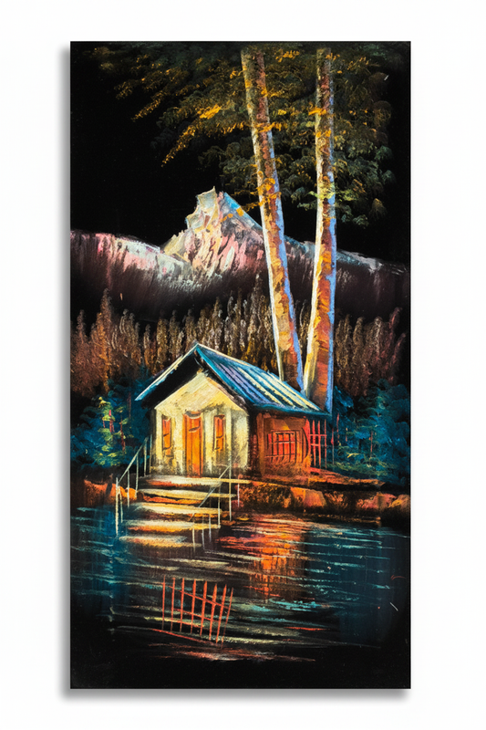 Mountain Boathouse by Night original oil painting on white background with natural shadow