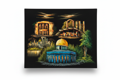Dome of the Rock and Petra Heritage original oil painting on white background with shadow — 39.4 x 31.5 inches canvas art
