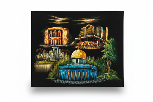Dome of the Rock and Petra Heritage original oil painting on white background with shadow — 39.4 x 31.5 inches canvas art