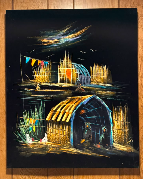 Middle Eastern Marsh Village Night Scene – Original Canvas Wall Art 20×24 in