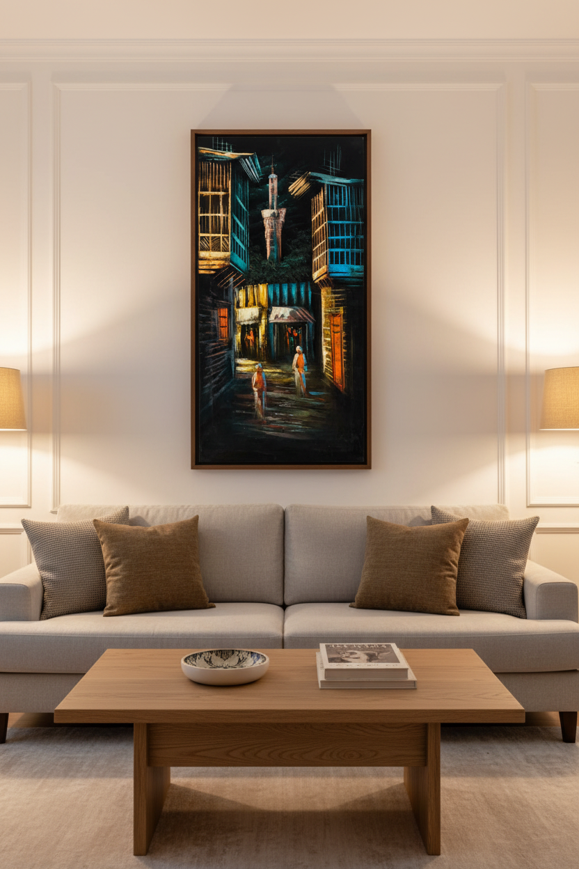 Minaret alley painting displayed as statement piece in luxury living room