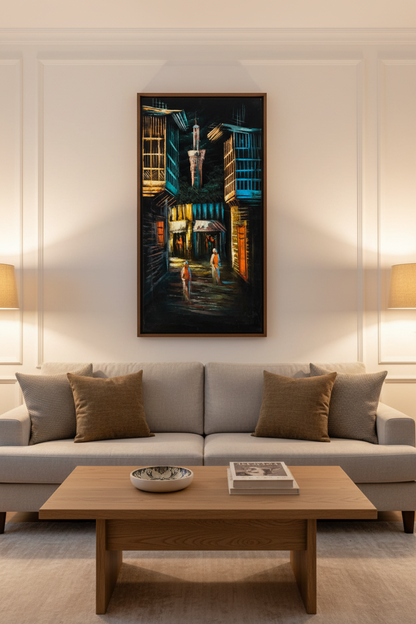 Minaret alley painting displayed as statement piece in luxury living room