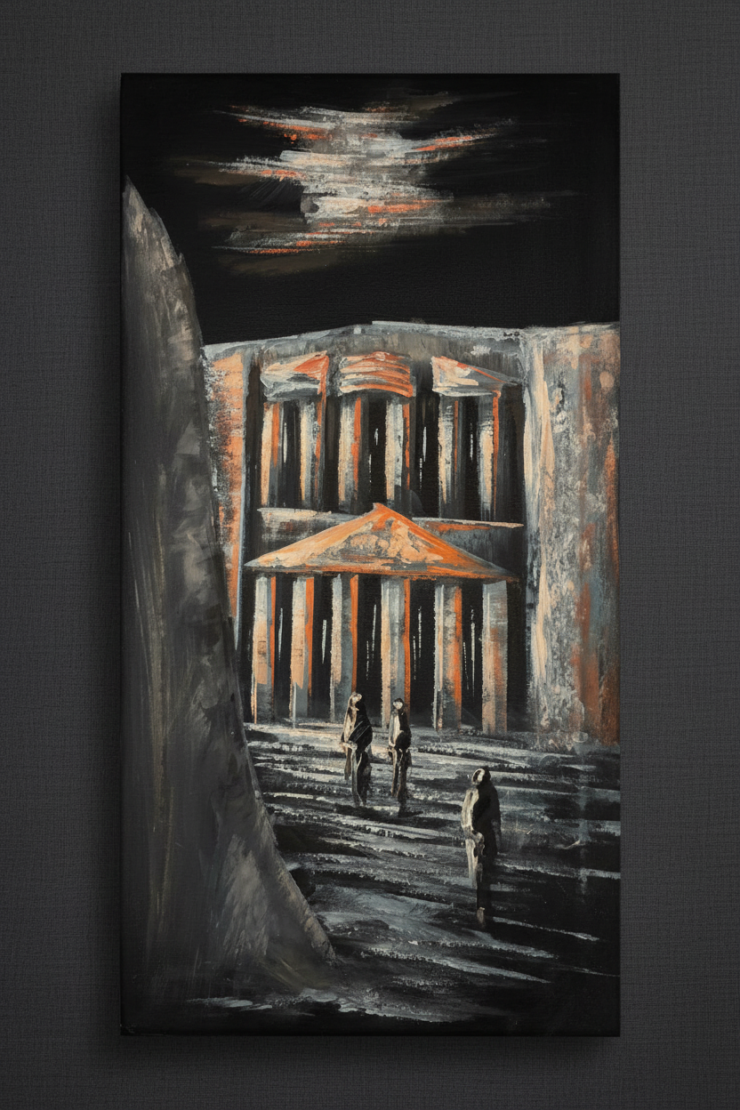 Petra at night painting displayed on charcoal linen wall