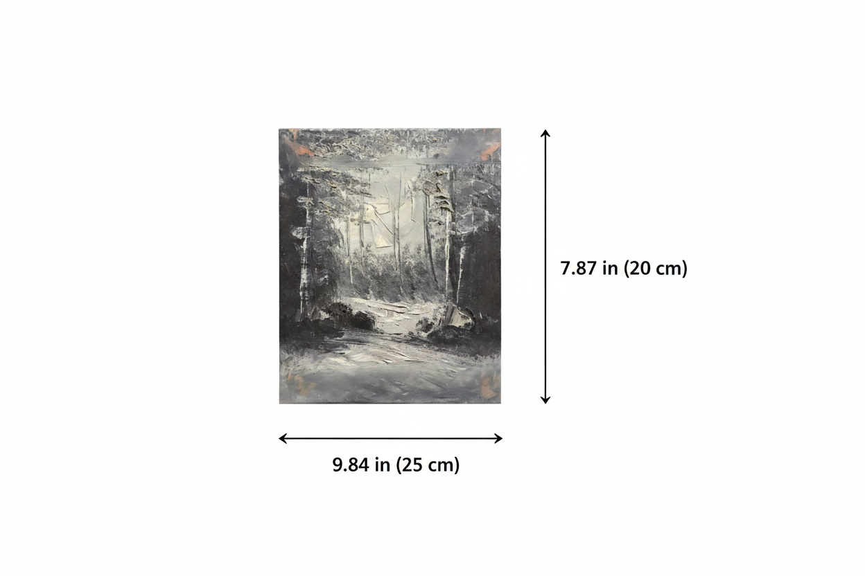 Dimension diagram showing 9.84 inch width and 7.87 inch height of the dark forest oil painting canvas