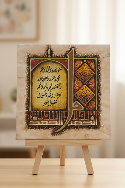 Surah Al-Ikhlas Alif canvas displayed on wooden art stand
