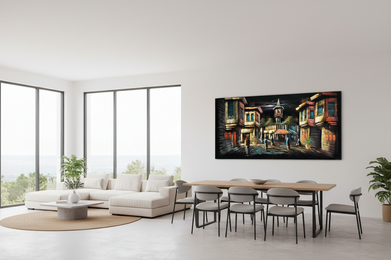 Middle Eastern old town street scene canvas wall art displayed in open dining and sitting area
