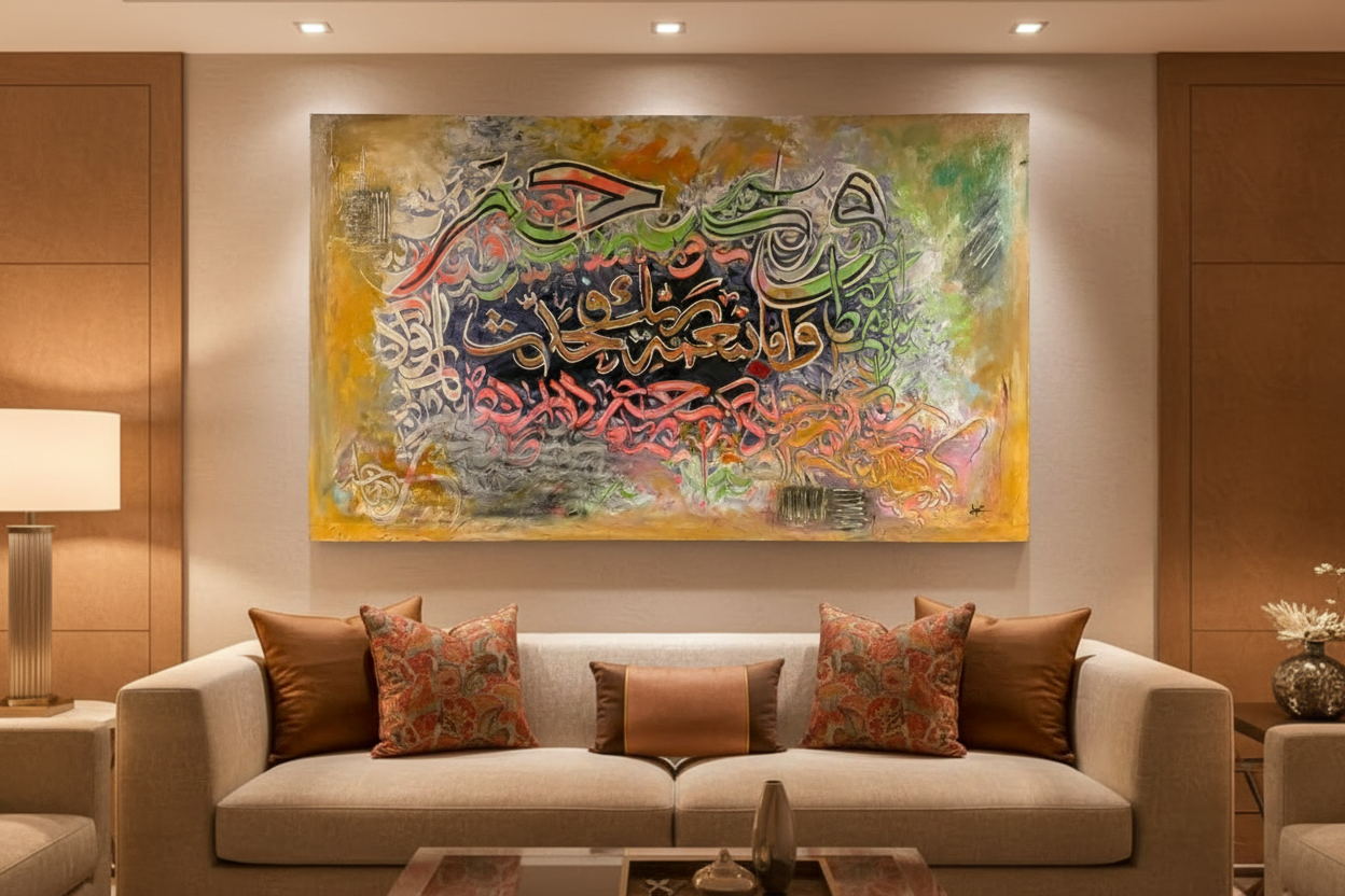 Wa Amma Bi Ni'mati canvas displayed in a modern living room above sofa