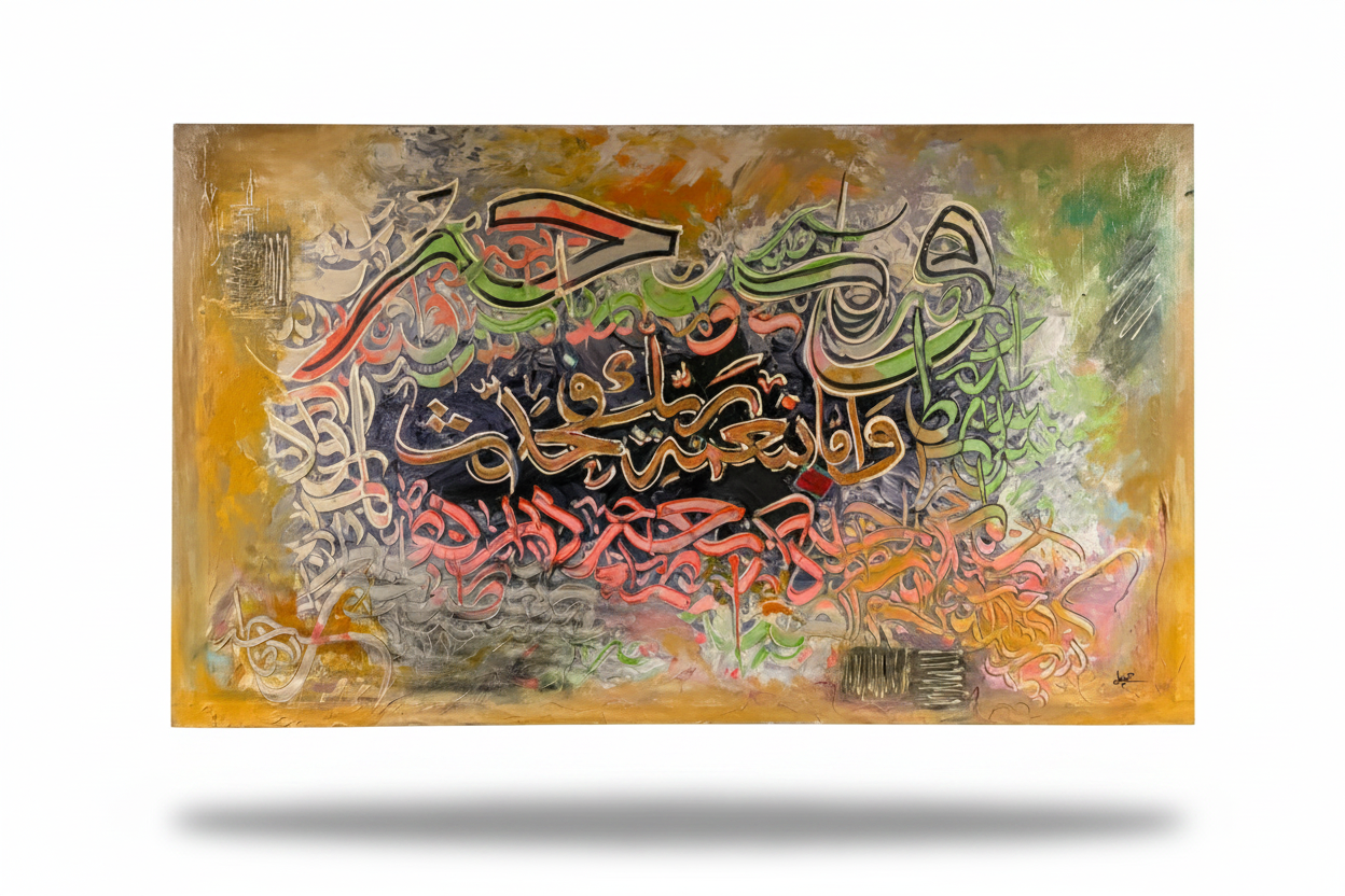 Wa Amma Bi Ni'mati Rabbika Fahaddith calligraphy canvas isolated with drop shadow, no background