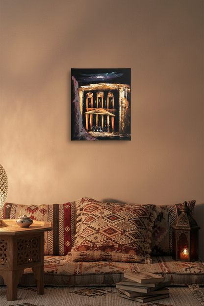 Petra at Night small canvas art 20cm x 30cm displayed in cozy room lifestyle photo
