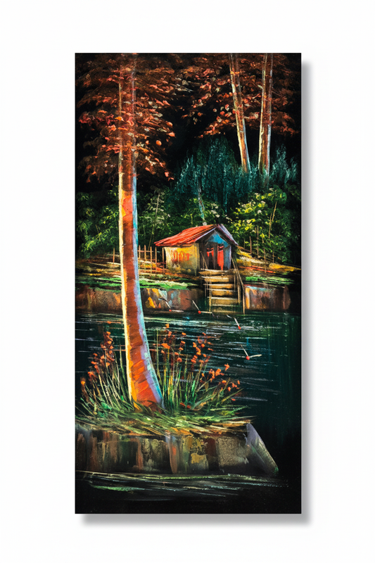 Original oil painting on white background with shadow – lakeside cabin at dusk nature scene