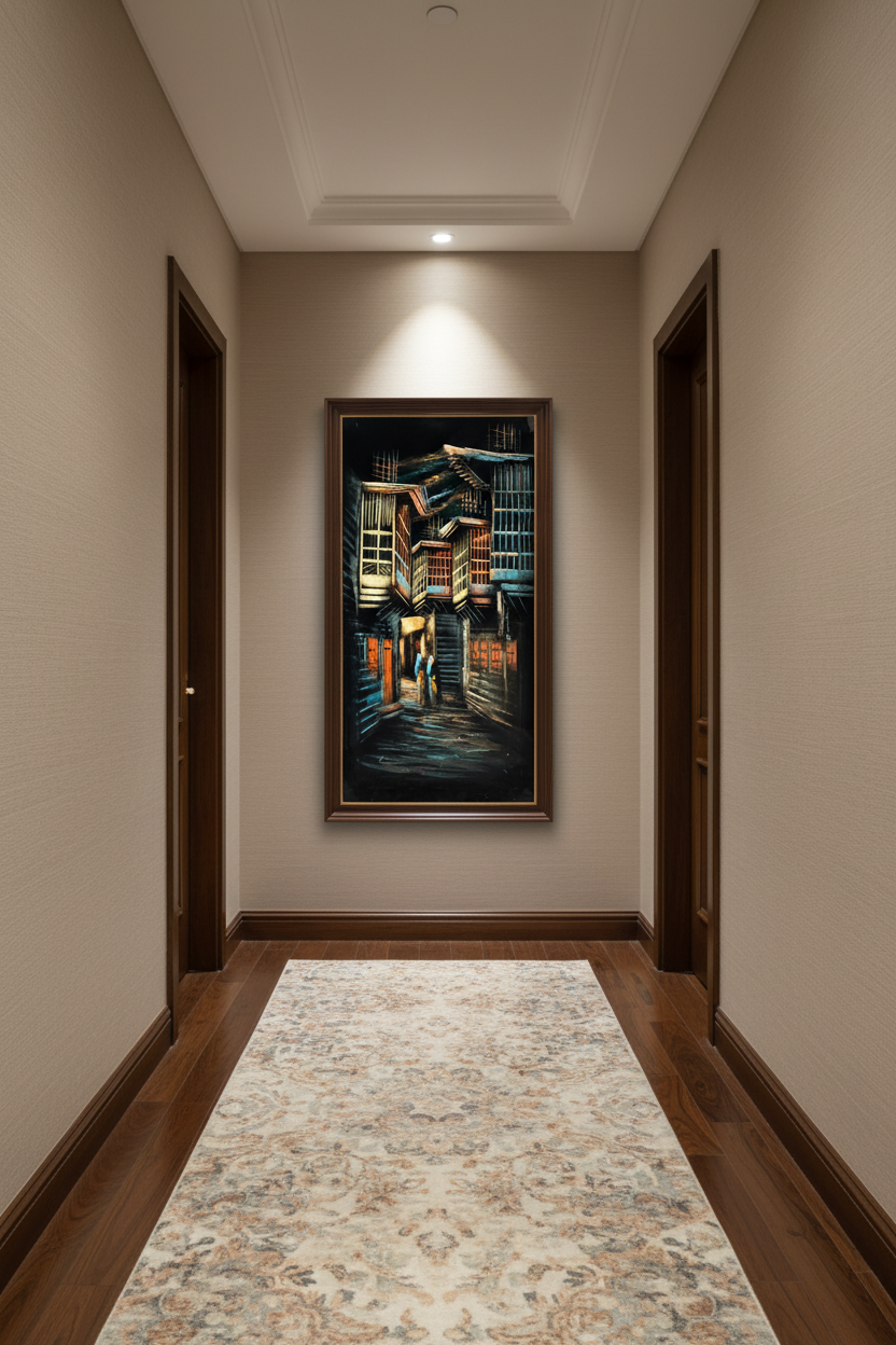 Heritage stairway painting displayed in elegant hallway interior