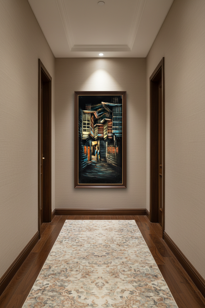 Heritage stairway painting displayed in elegant hallway interior