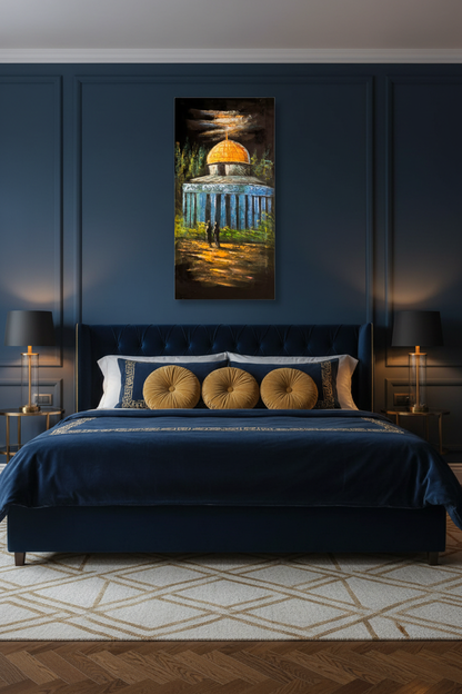 Original Dome of the Rock painting displayed unframed on a navy blue luxury bedroom wall