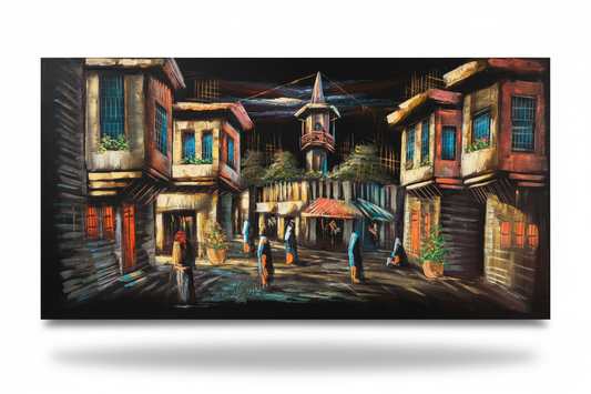 Middle Eastern old town street scene canvas wall art on white background with shadow – 47x24 inches