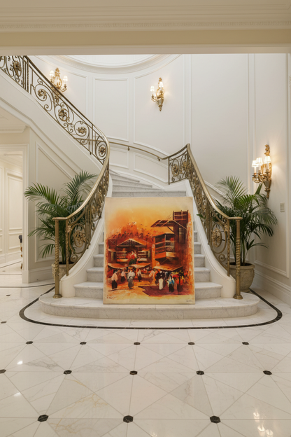 Middle Eastern souk oil painting leaning near marble staircase in an elegant luxury home