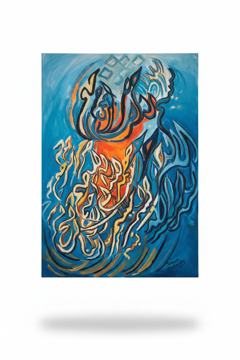 Blue flame Islamic calligraphy canvas on white background with shadow – 19.69 x 27.56 inches