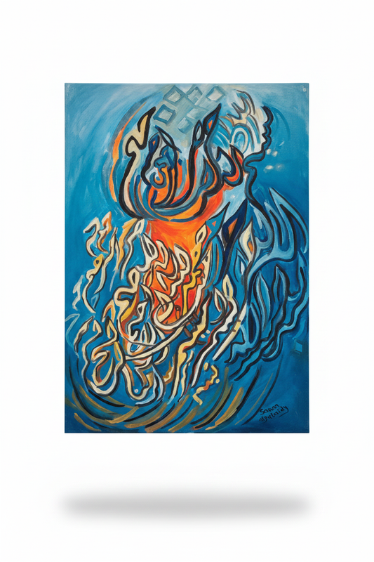Blue flame Islamic calligraphy canvas on white background with shadow – 19.69 x 27.56 inches