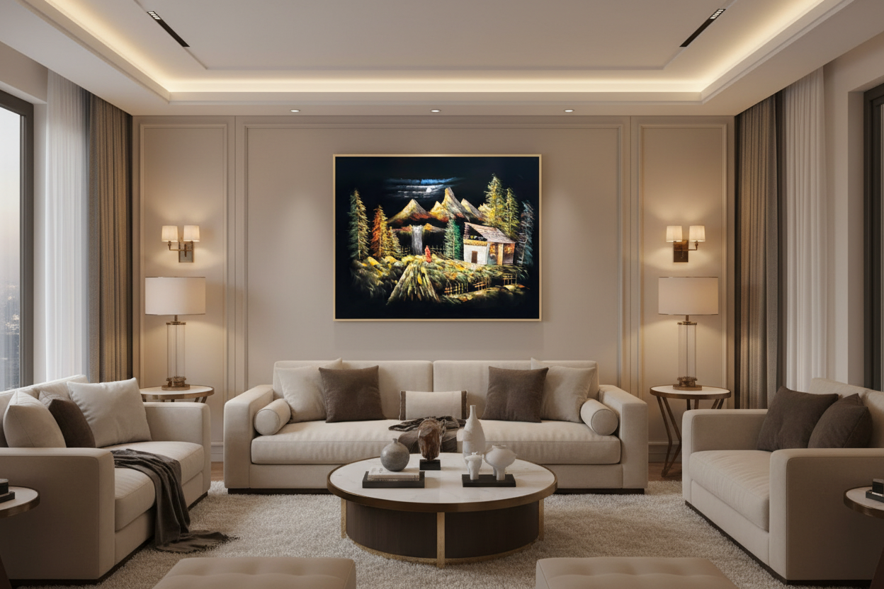 Moonlit Mountain Retreat oil painting displayed in a luxury living room — 39.4 x 31.5 inch canvas wall art