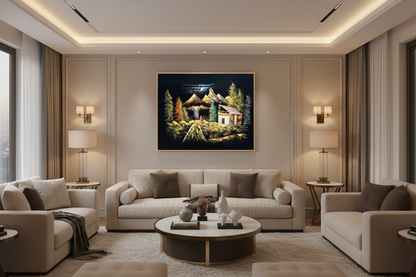 Moonlit Mountain Retreat oil painting displayed in a luxury living room — 39.4 x 31.5 inch canvas wall art