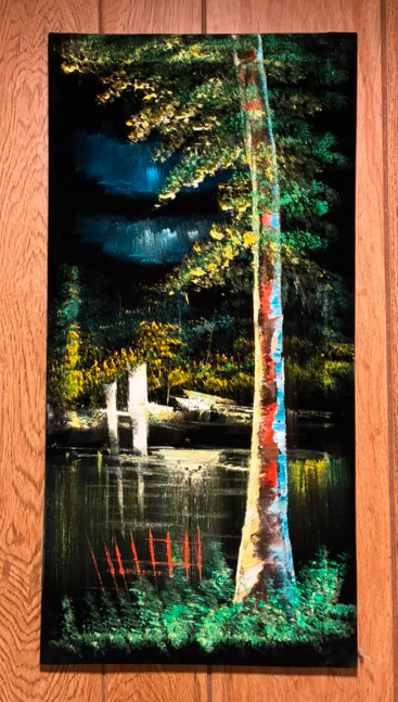 Colorful Birch by the Lake at Night — Original Oil Painting on Canvas | 11.81" × 23.62"