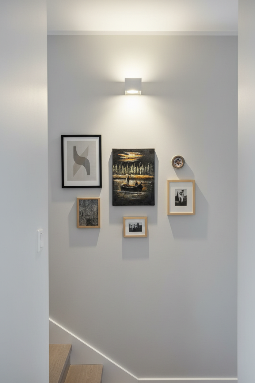 Night fishing boat river canvas art displayed on staircase gallery wall in modern home lifestyle photo
