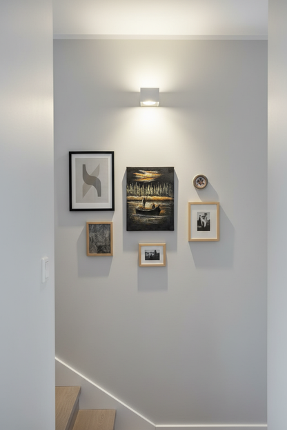 Night fishing boat river canvas art displayed on staircase gallery wall in modern home lifestyle photo