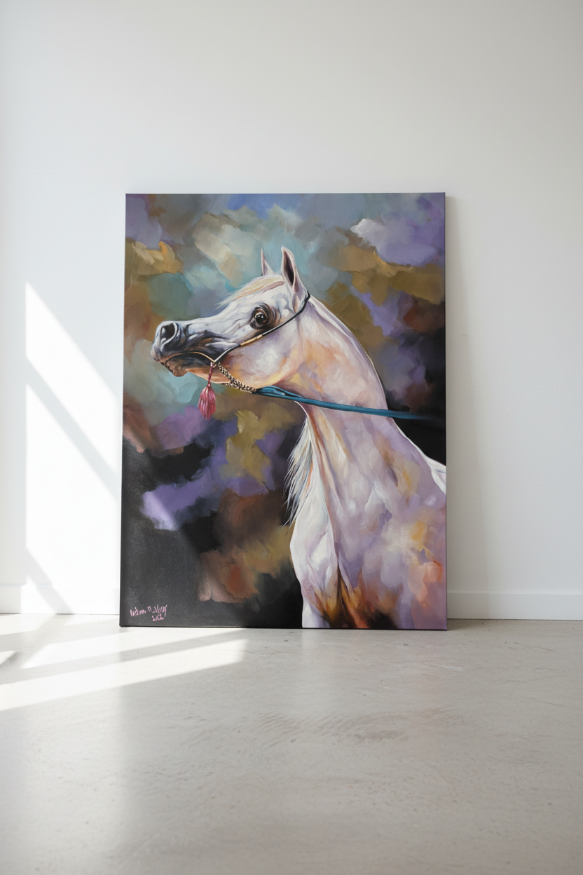 Grey Arabian horse gold halter large canvas art leaning against wall in gallery style space lifestyle photo